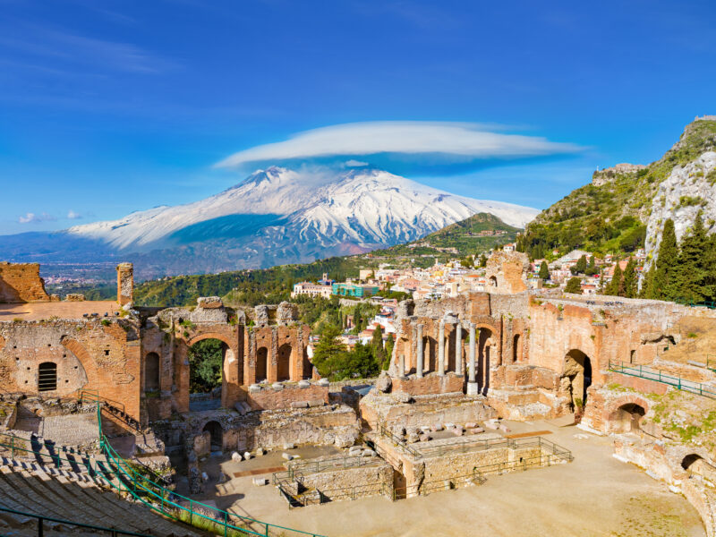 Ruins,Of,Ancient,Greek,Theatre,In,Taormina,On,Background,Of